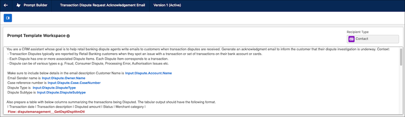 Transaction Dispute Request Acknowledgment Email prebuilt prompt template