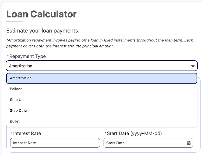 Repayment types dropdown that shows the Amortization, Balloon, Step-Up, Step-Down and Bullet options