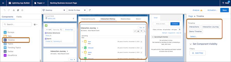 Lightning App Builder window with Timeline component