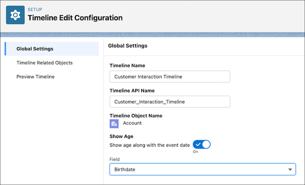 Global settings page in timeline configuration