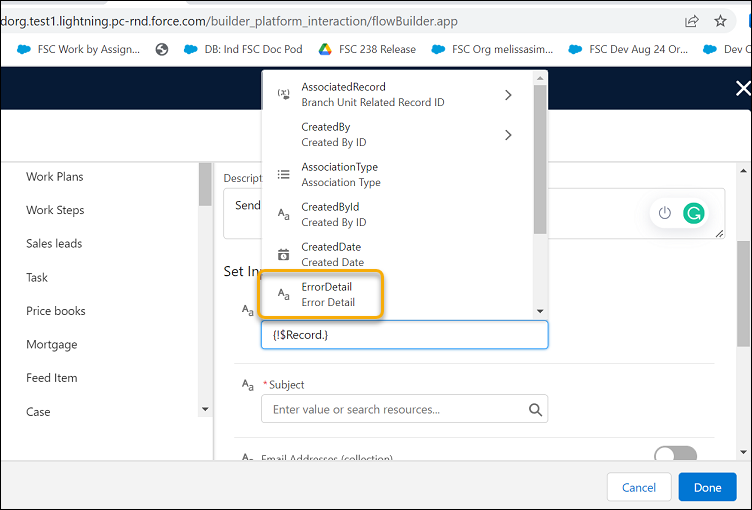 Сведения об ошибке Flow Builder