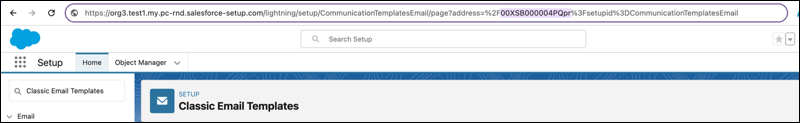 Email template ID highlighted in the address bar