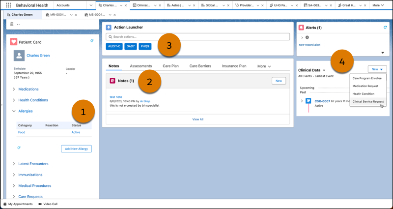 Behavioral Health app with Patient Card, Notes, Action Launcher, and Clinical Data Timeline highlighted