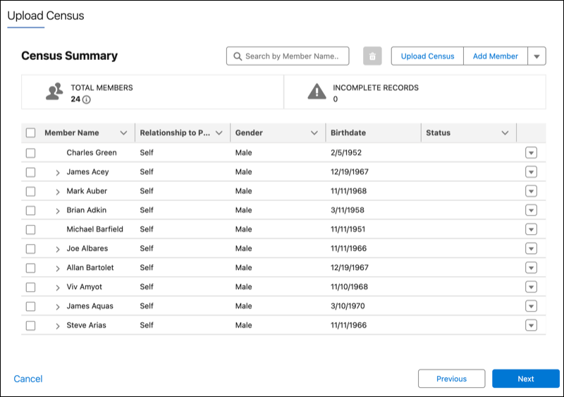 Upload Census step with uploaded census members