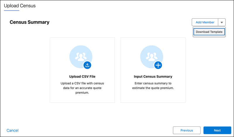 Upload Census step with Download Template action highlighted