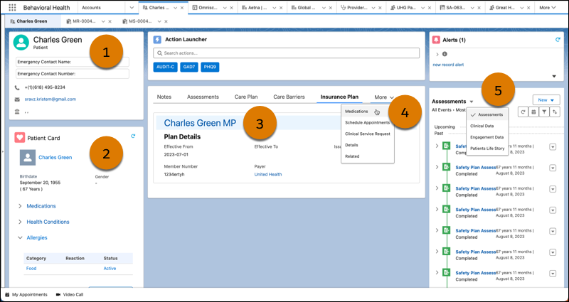Behavioral Health app with Profile, Patient Card, Insurance Plan, Medications, and Assessments Timeline highlighted