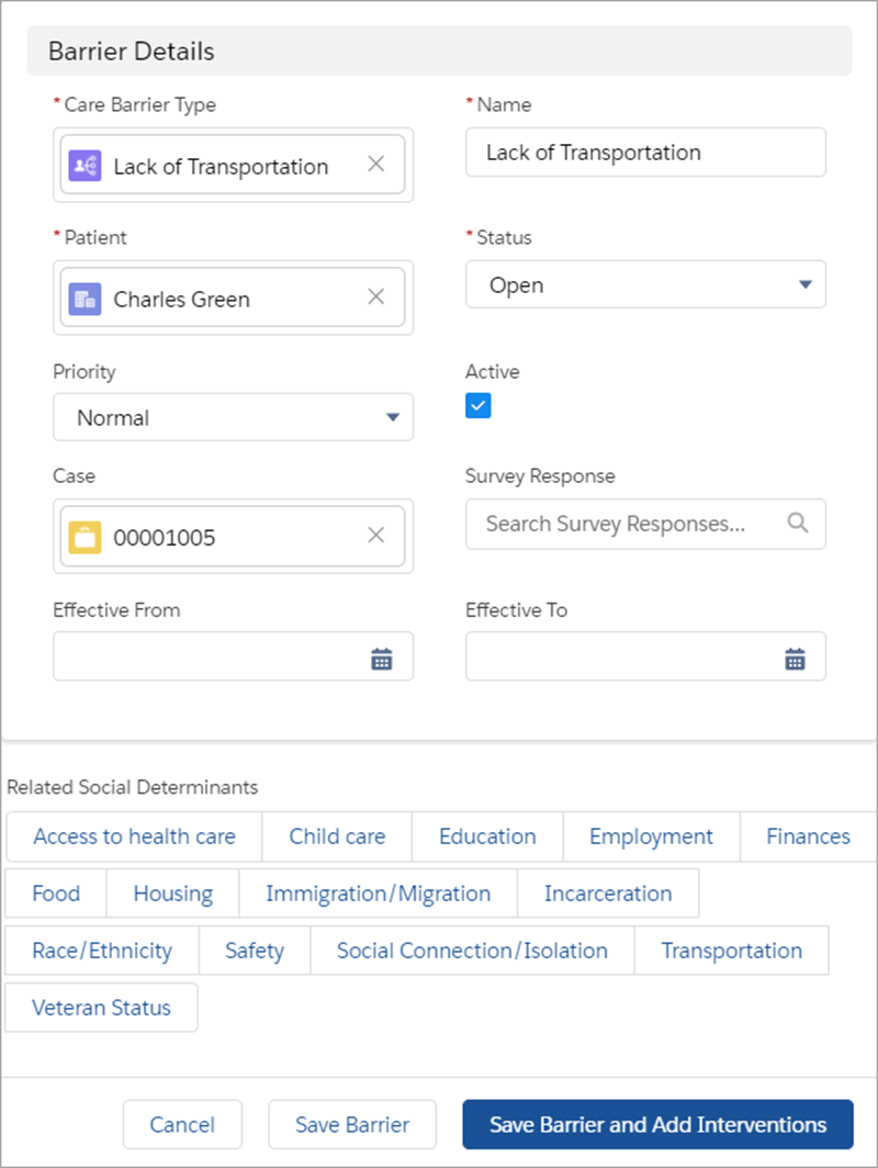 Sample image of care determinant component