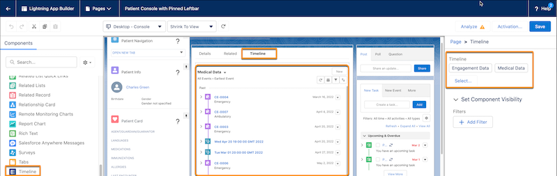 Lightning App Builder window with Timeline component