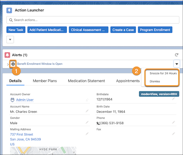 An alert called “Benefit Enrollment Window Is Open appearing as an info. Dropdown next to each alert with options like “Snooze for 24 Hours” and “Dismiss”.