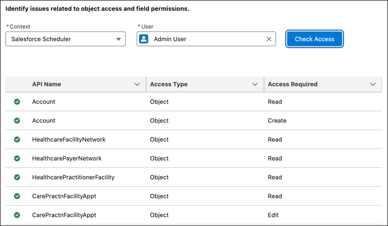 Health Cloud Troubleshooter data access results