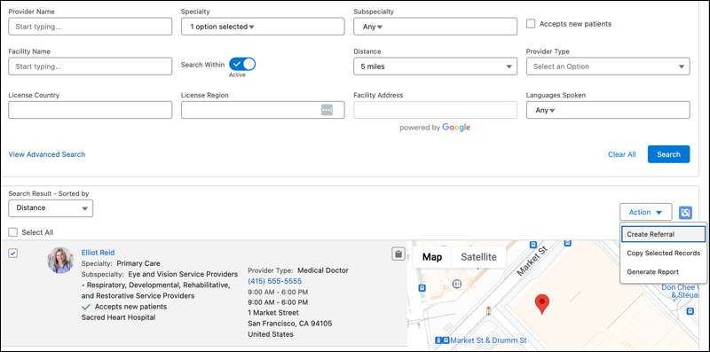 Search criteria fields and search result with map