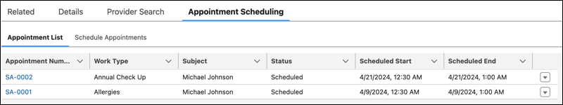 Appointment List in the Appointment Management console