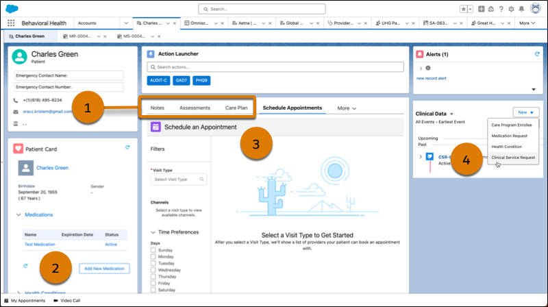 Behavioral Health app with Notes, Assessments, Care Plan, Patient Card, Schedule Appointments, and new Clinical Data Request action in the Timeline highlighted