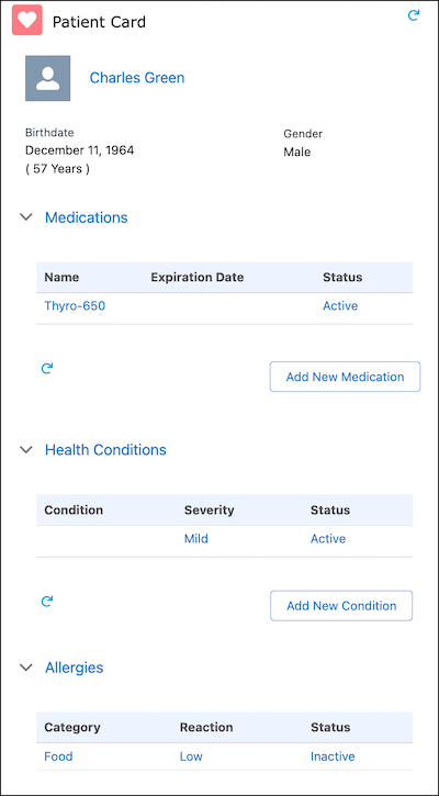 Cartão do paciente avançado na Central de contato com detalhes de medicamentos, condições de saúde e alergias.