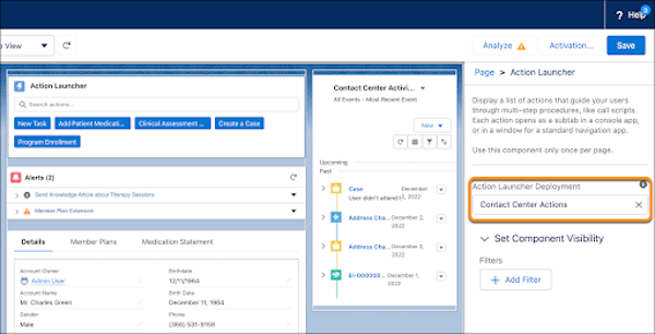 Una nueva implementación denominada Acciones de centro de contacto agregada a Implementación de Iniciador de acciones en el Generador de aplicaciones Lightning.