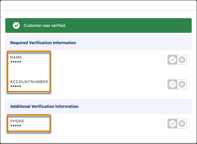 Customer identity verification window showing hidden answers to verification questions