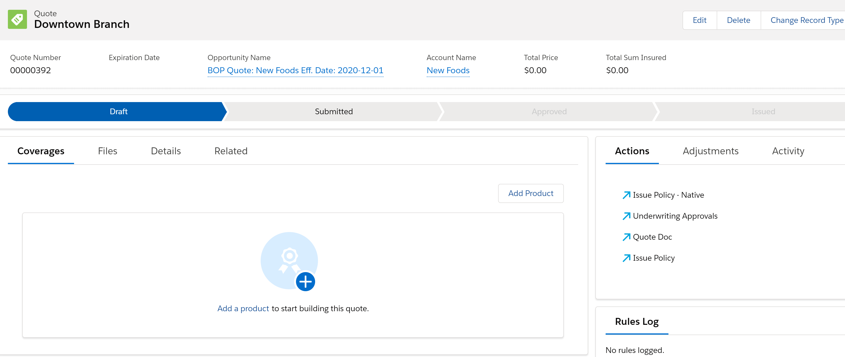 Illustrates the screen to add a product to the Business Owners quote.