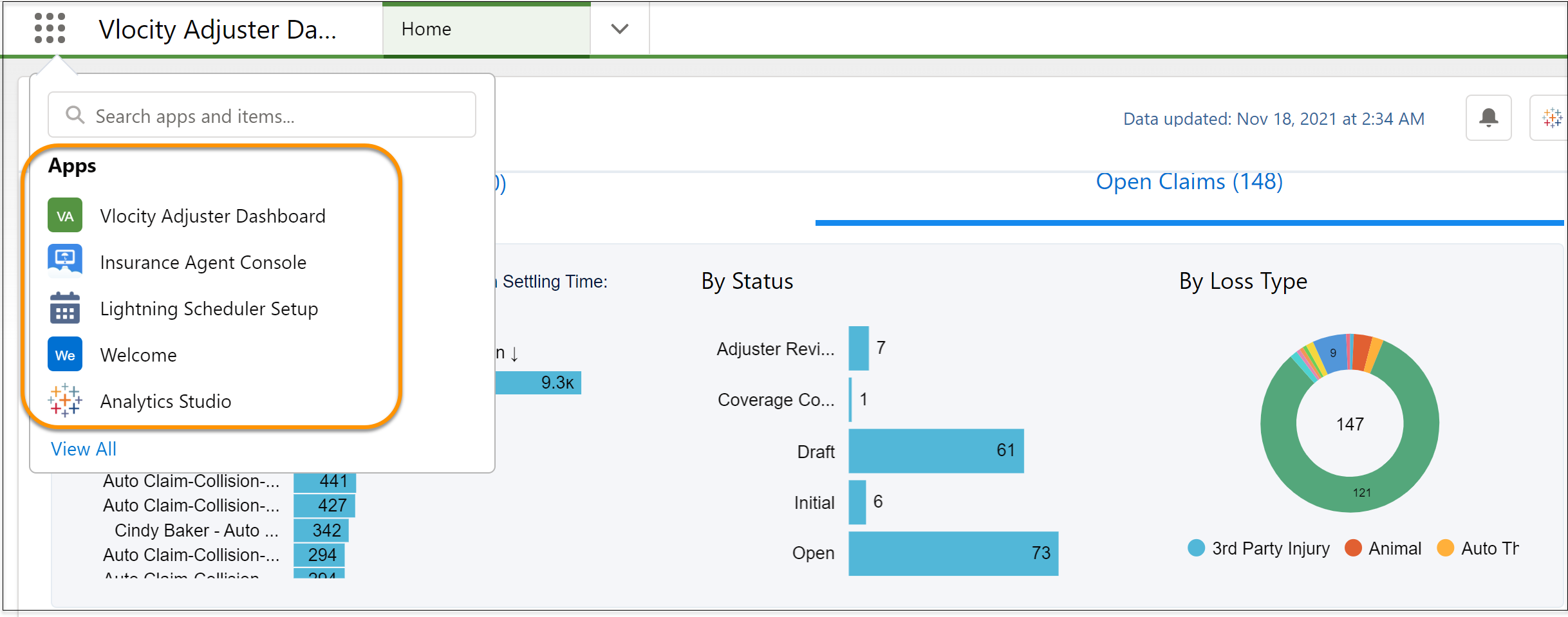 Illustrates the option to open the Claims Dashboard.