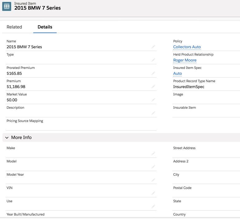 Insured item spec attributes as they appear on a policy