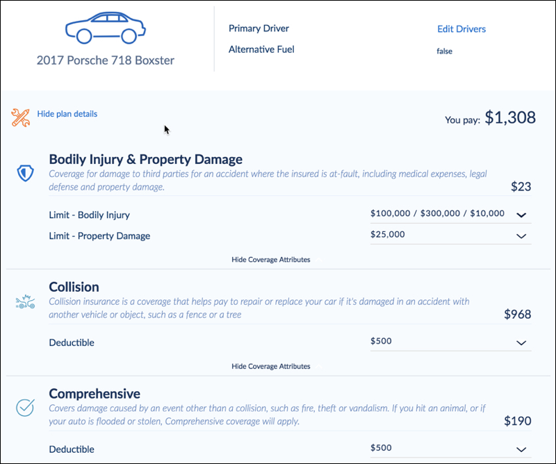 Coverage spec attributes as they appear in a quote flow