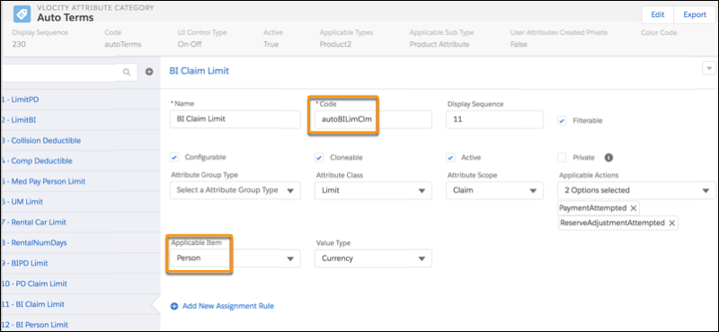 Sample Bodily Injury Claim Limit power attribute with Code and Applicable Item highlighted