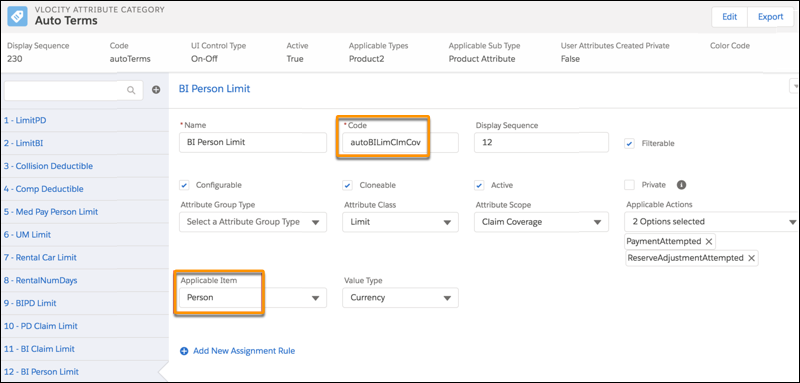 Sample Bodily Injury Person Limit power attribute with Code and Applicable Item highlighted