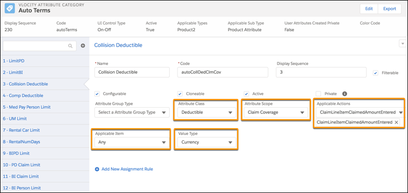 Collision Deductible attribute with power attribute metadata highlighted