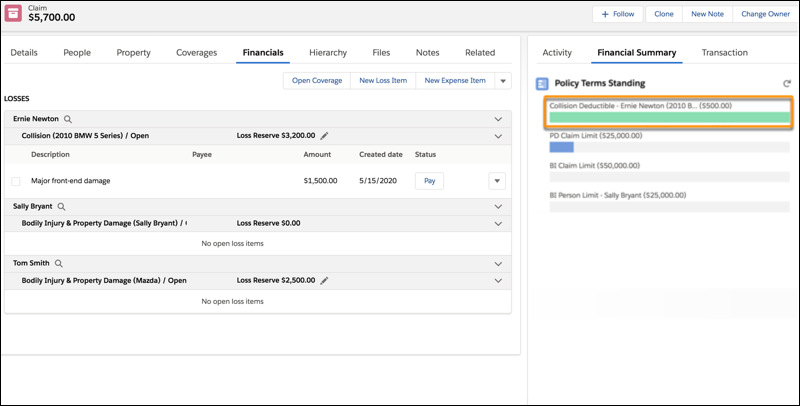 Claim with Policy Terms Standing that shows deductible consumption