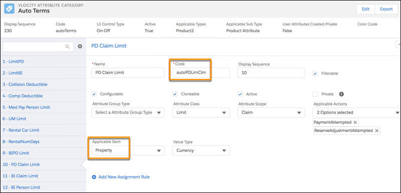 Sample Property Damage Claim Limit power attribute with Code and Applicable Item highlighted