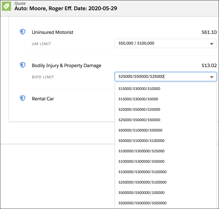 Bodily Injury & Property Damage split limit values