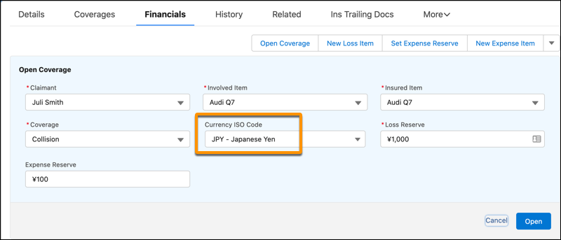 Japanese Yen amounts for loss and expense reserves on the Open Coverage form
