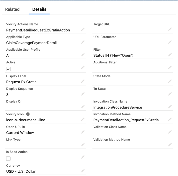 Example of a configured PaymentDetailRequestExGratiaAction​ payment action
