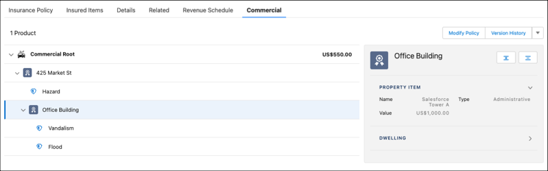 Illustrates the Commercial Policy LWC UI