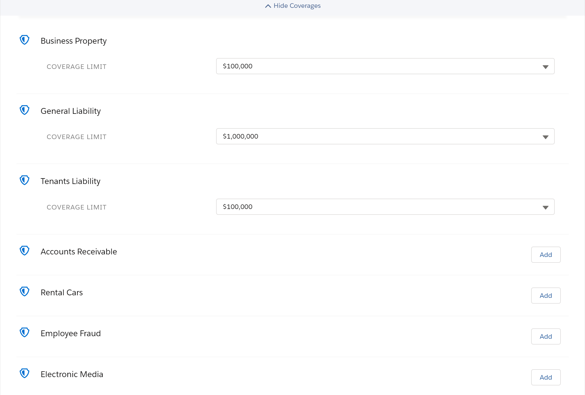 Illustrates the screen to modify Business Owners coverage.