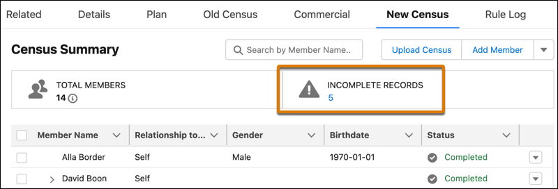 Census member grid with incomplete record count highlighted