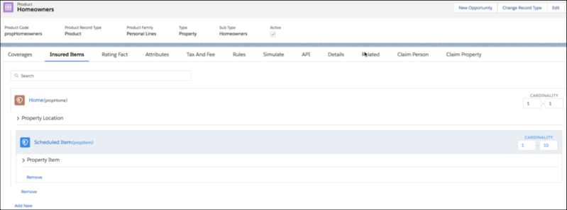 Insured item and grandchild insured item on Insured Items tab