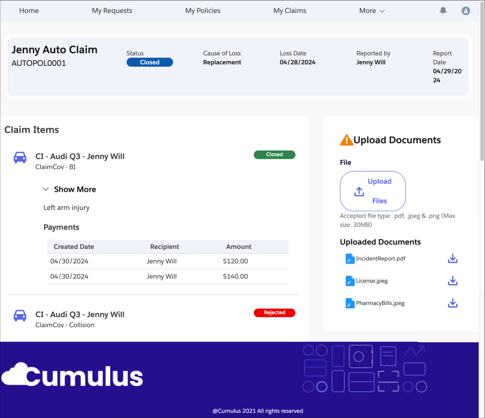 Claim Record page in the Insurance Policyholder Portal