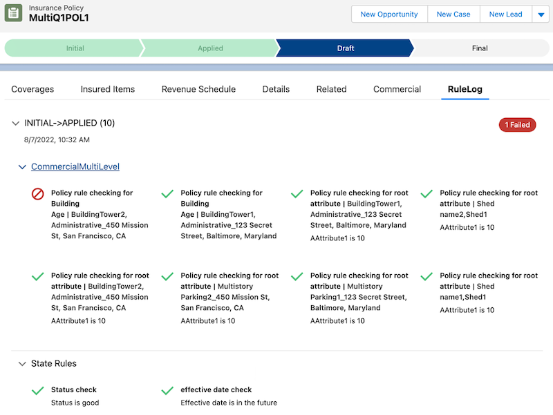 Rules Log on Insurance Policy page