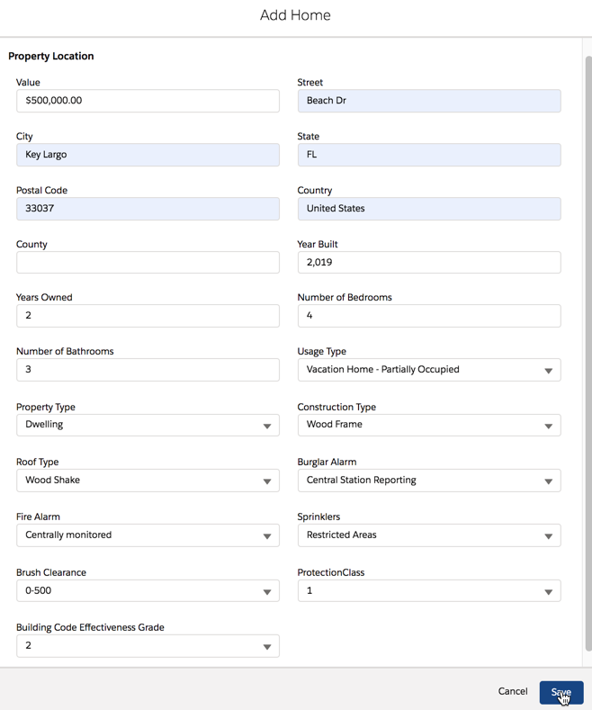 Illustrates the form to enter details of the property to be insured.