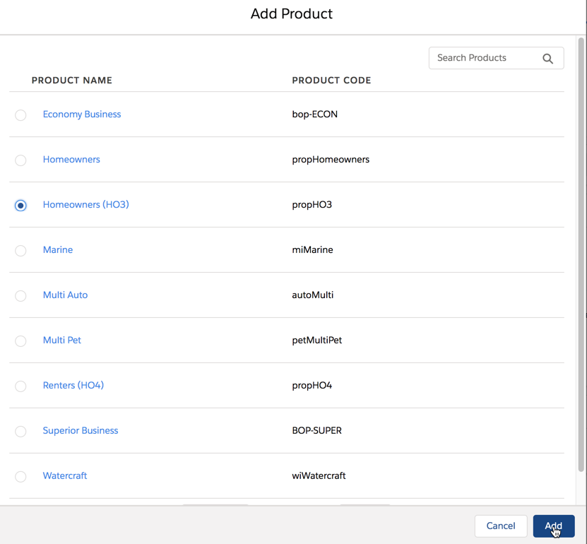 Illustrates the list of products that can be added to the quote.