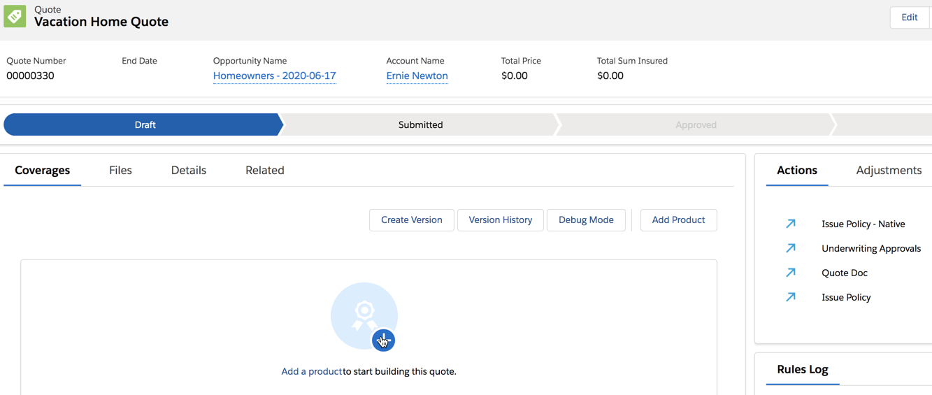 Illustrates the screen to add products to a quote.