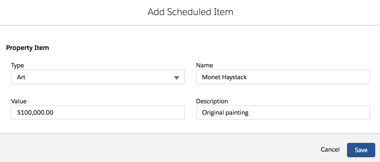 Illustrates the screen to add details of the insured item.