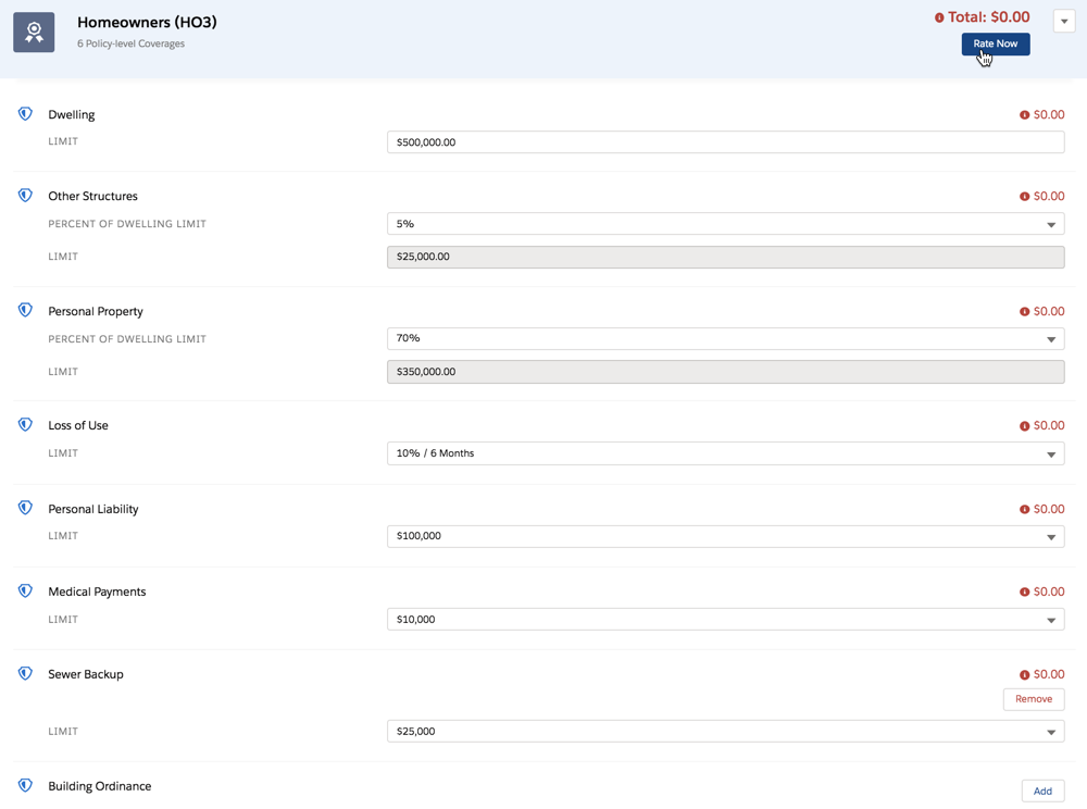 Illustrates the screen to configure coverages.