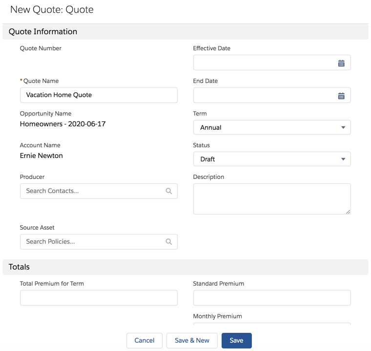 Illustrates the screen to enter a name for the quote.