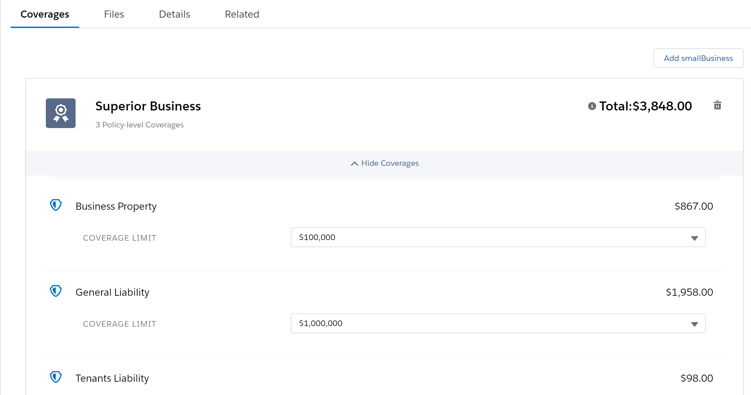Illustrates the screen with the total premium.