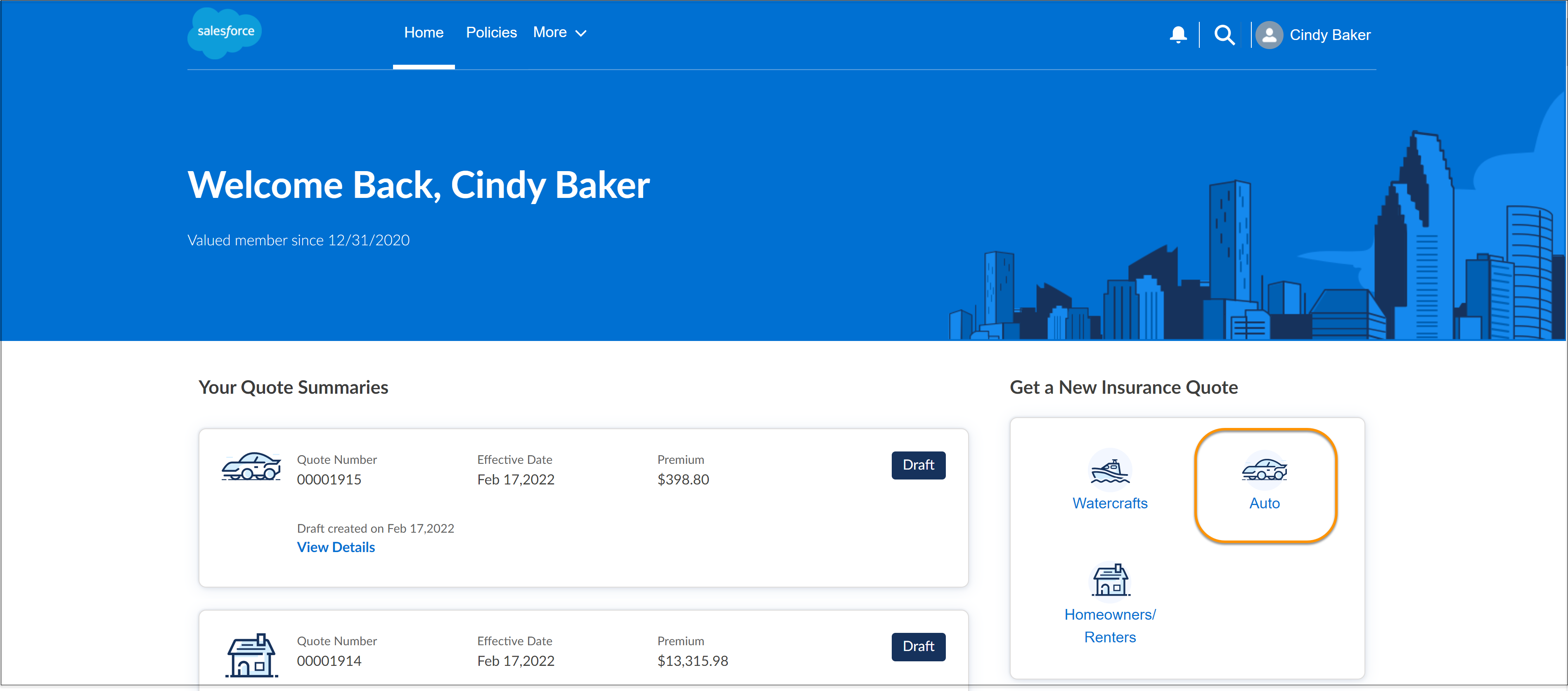 Illustrates the options to start a new quote from the policyholder site Home page.