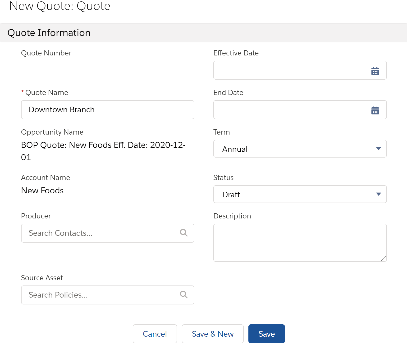Illustrates the screen to enter quote information.