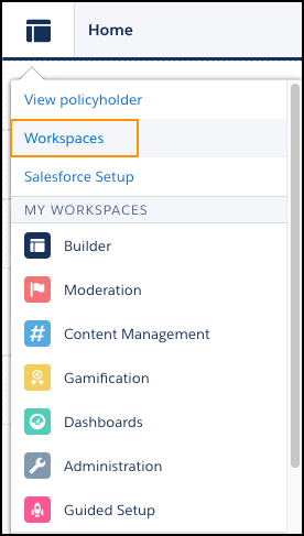Illustrates the Workspace option highlighted.
