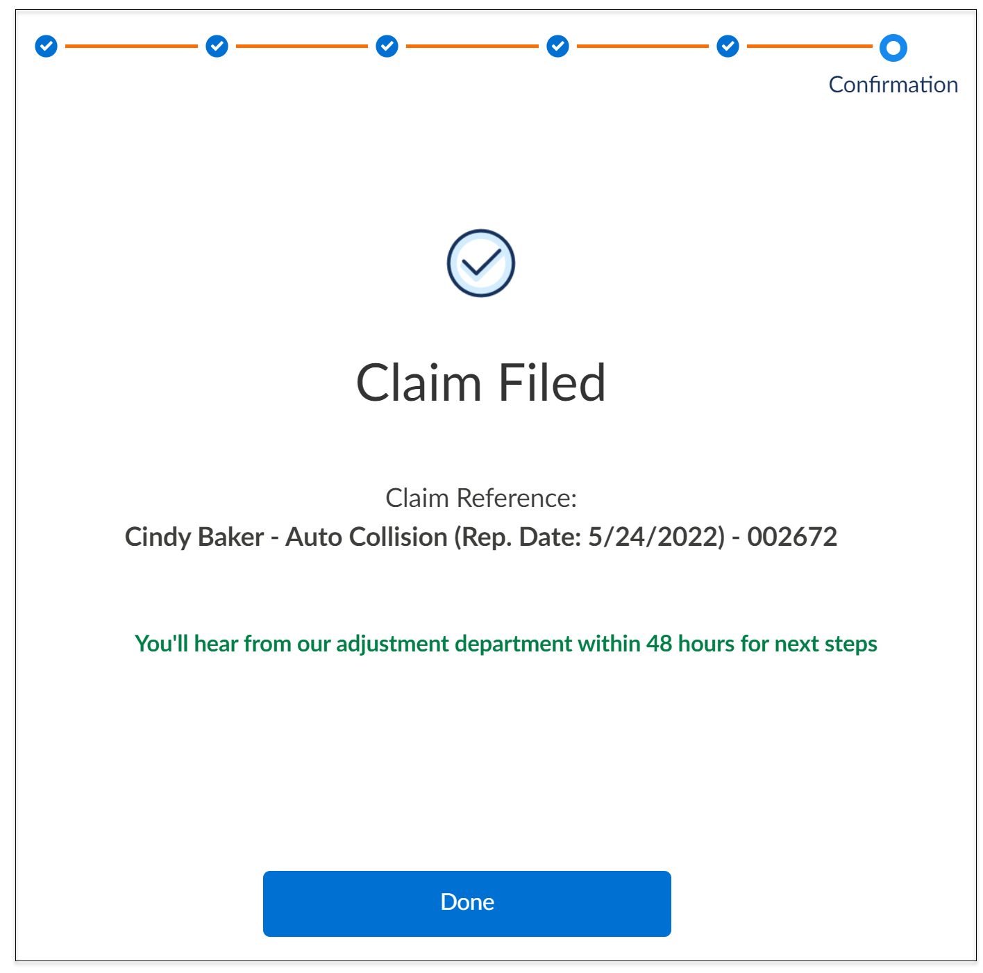 The Claim Filed confirmation screen.