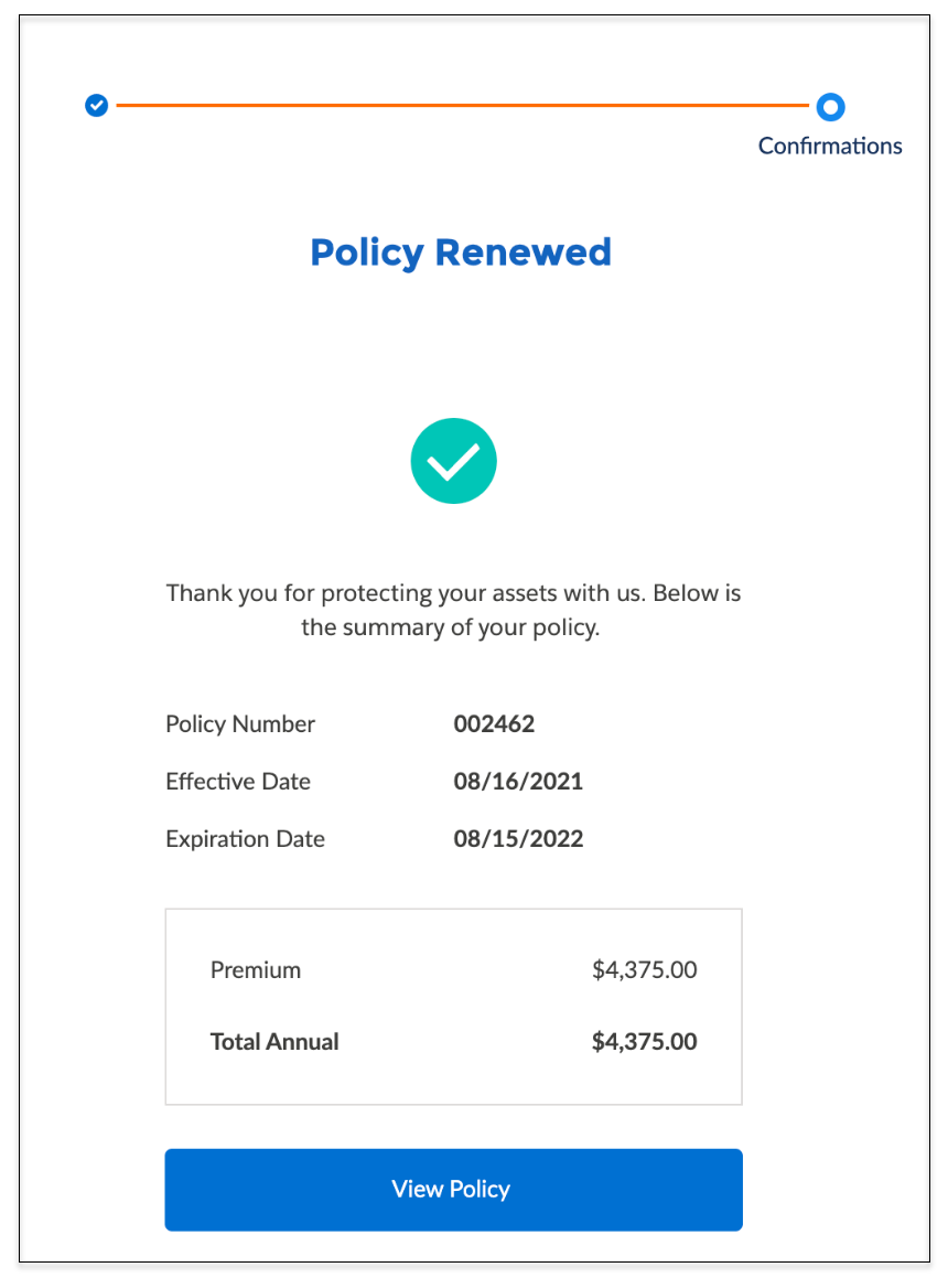 The Policy Renewed Confirmation screen.
